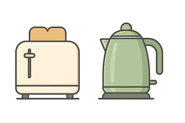 Retro toaster and green electric kettle household breakfast appliances