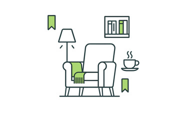 Cozy reading nook with armchair lamp books and hot drink for relaxation