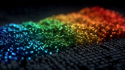 Abstract visualization of data flow with binary code and rainbow colors