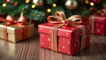 Red gift box with snowflakes and ribbon surrounded by ornaments and pine branches, cozy