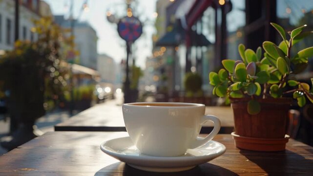 An empty coffee cup on a white saucer is placed on a wooden table with sunlight filtering through the leaves of plants in the background.