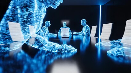 Digital avatars representing business professionals attending a corporate meeting in a futuristic virtual reality boardroom, discussing strategies and collaborating in the metaverse - Powered by Adobe