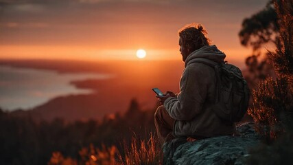 Man using smartphone at sunset on mountain