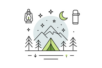Nighttime camping adventure with a tent, mountains, forest trees, moon, and stars © Andrei