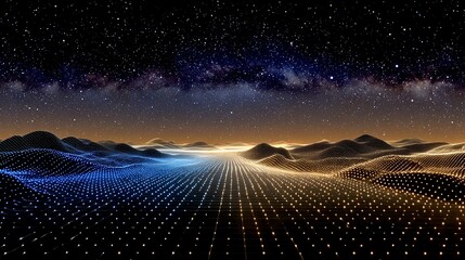 Digital landscape with starry sky evokes futuristic exploration and technology