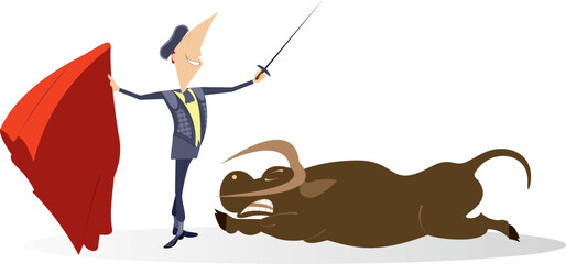 Successful bullfighting. Cartoon bullfighter and bull.