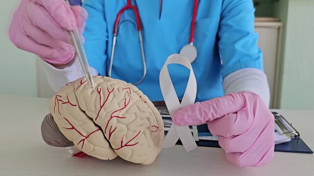 A doctor explains brain anatomy with a model and holds up a gray ribbon. Brain cancer study