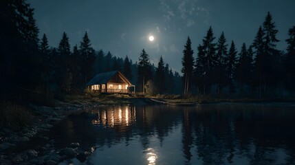 Fototapeta premium Cabin glows by lake at night under a full moon surrounded by tall trees in a dark and quiet forest