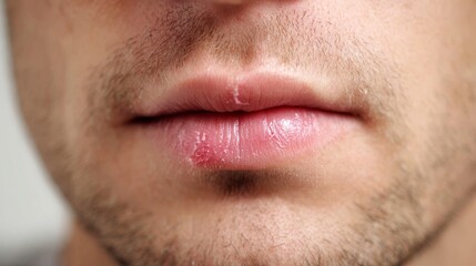 Obraz premium Close-up of a man with chapped dry lips showing discomfort and irritation, concept for lip care, dehydration, oral health, winter skin dryness, dermatology treatment, and personal hygiene awareness