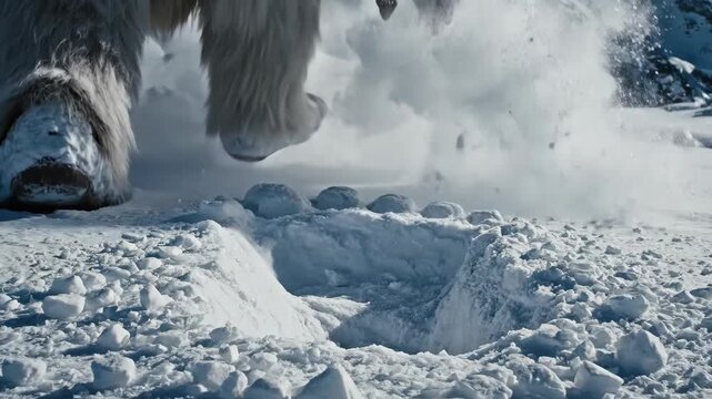 Appa's furry leg and hoof stepping into deep snow, leaving an imprint on the ground with a snowy mountain landscape in the background, representing adventure and travel
