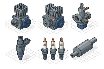 Isometric set of small engine components: motor, carburetor, fuel injector, spark plugs, and fuel filter