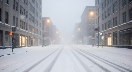 Empty city street covered in fresh snow during a heavy winter whiteout blizzard. Urban landscape during a snowstorm weather.