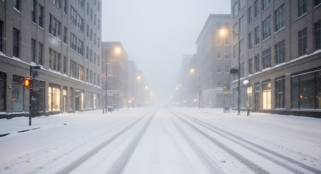 Empty city street covered in fresh snow during a heavy winter whiteout blizzard. Urban landscape during a snowstorm weather.
