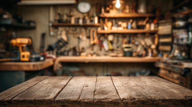 A rustic wooden table in a cluttered workshop with various tools and equipment. - Powered by Adobe