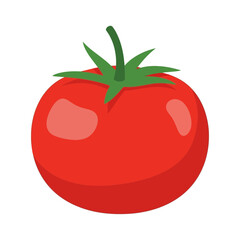 Vibrant isometric tomato illustration with fresh green stem and leaves