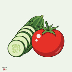 Vibrant Still Life of Fresh Tomato and Sliced Cucumber Illustration