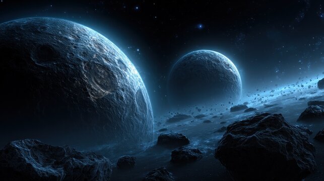 Two large, blue, icy planets with rocky surfaces and craters in a starry, dark blue space with rocky terrain.
