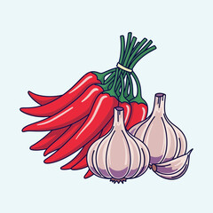 Illustration of Red Chili Peppers and Garlic Bulbs: Culinary Essentials