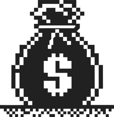 Fototapeta premium Pixel art money bag with dollar symbol retro black and white icon, financial wealth, investment or savings concept