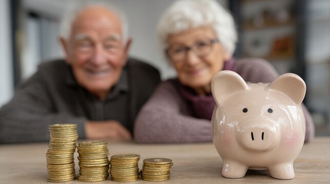 An elderly couple sitting at a table with a piggy bank and stacks of coins in front of them.