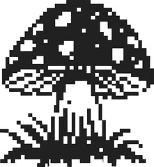 Fototapeta premium Pixel art mushroom illustration black and white fungal icon with digital retro 8 bit style, grass element, simple graphic design