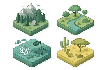 Isometric icons depicting four natural biomes: mountain forest, river landscape, underwater reef, and desert