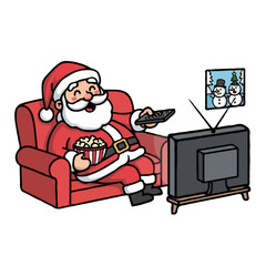 Santa Claus Watching TV with Popcorn: Holiday Cartoon, Christmas Relaxation, Festive Season Illustration