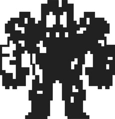 Pixel art robot character silhouette retro 8 bit game style, futuristic mechanical figure, vintage sci fi illustration