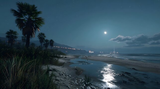 Night beach scene with palm trees and moonlight reflecting on the wet sand near the ocean shore