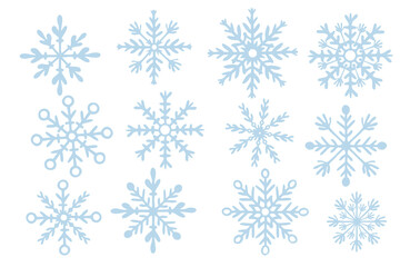 A winter set of snowflakes of various sizes and shapes. Various ice crystals. Hand-drawn flat illustration.