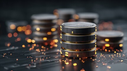 Stack of coins with a circuit board background.