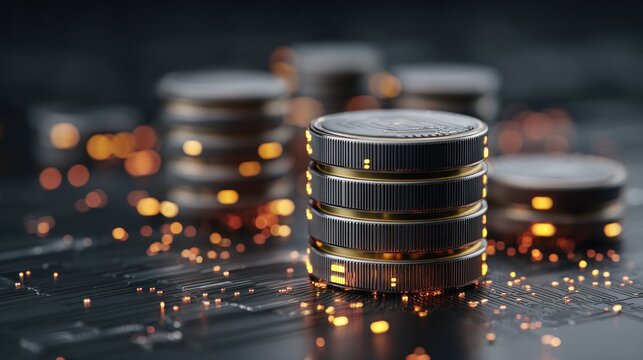 Stack of coins with a circuit board background.
