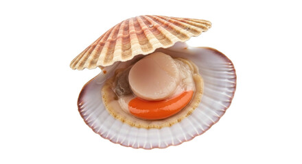 Isolated Open raw scallop with roe in the shell ready to be cooked or eaten fresh, seafood