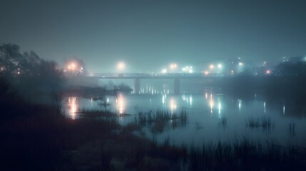 Nighttime view of a foggy river with city lights reflecting in the water creating a serene atmosphere