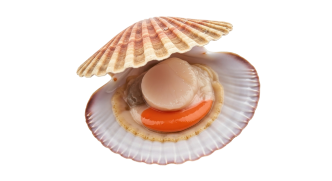 Isolated Open raw scallop with roe in the shell ready to be cooked or eaten fresh, seafood