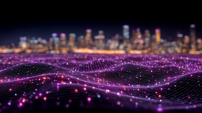Futuristic city skyline with glowing data waves symbolizing technology and innovation
