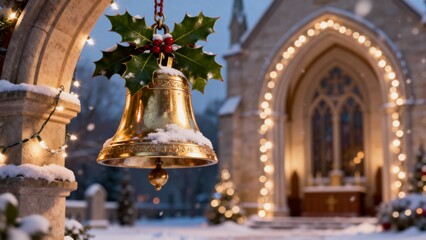 Golden Bells and Holly Decoration on Church Arch with Snow Lights for Christmas 2025”