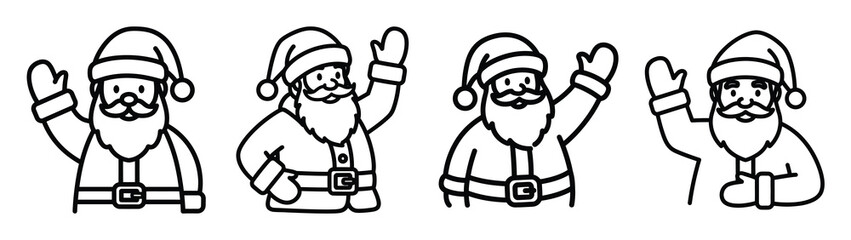 santa waving line art icon set. Christmas outline Vector illustration icons.