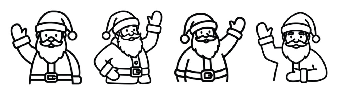 santa waving line art icon set. Christmas outline Vector illustration icons.