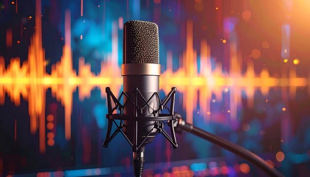 Condenser microphone on shock mount with colorful waveform bokeh background, ready for recording a podcast