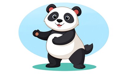 Naklejka premium Cartoon illustration of a smiling panda standing against a pale blue oval background, waving its hand