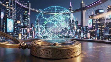 Compass displaying a glowing holographic map projection, guiding through a dense futuristic city with illuminated skyscrapers and advanced urban infrastructure - Powered by Adobe