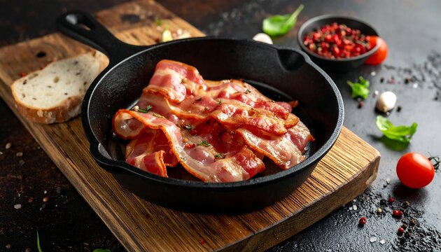 Crispy bacon piled in a black skillet on a wooden board alongside bread and spices on a dark textured surface