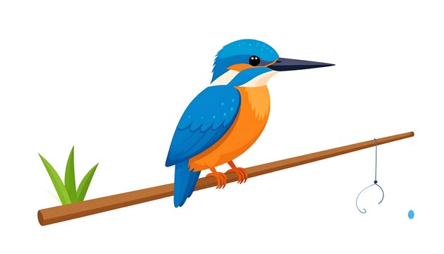 Cartoon kingfisher with bright blue plumage and orange chest perched on a simple wooden branch