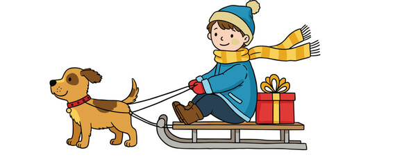 Child riding sled pulled by dog with gift box, vector illustration for winter fun, holiday joy, and seasonal adventure concept