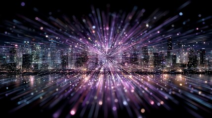 Futuristic cityscape with light trails representing data flow in digital world