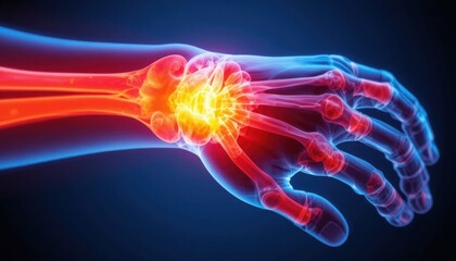 A 3d rendered medical illustration of human body anatomy showing a blue glowing spine and bone joints with abstract light energy and smoke on a black background