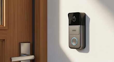 Smart video doorbell mounted on a white wall next to a wooden door provides home security and convenience for modern living