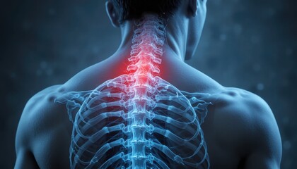 Medical 3D illustration of the spinal anatomy and backbone of a young woman in red showing the human skeleton and bone structure for health science