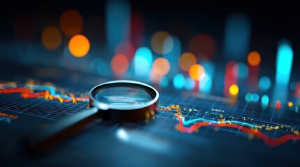 A magnifying glass resting on a colorful graph with a blurred cityscape in the background.